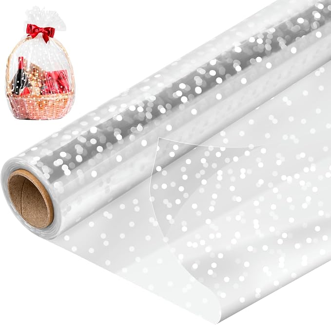 Mauproy 34 In x 100 Ft Clear Cellophane Wrap Roll with White Dots | 34" Fold into 17", Extra Wide, 2.5 Mil Thick Transparent Wrapping Paper for Baskets, Flower Bouquets