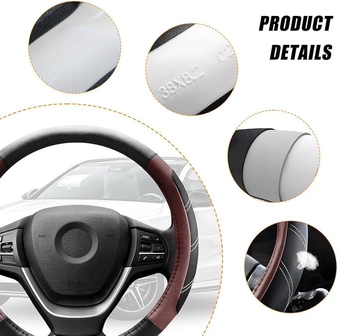 Zpana Car Steering Wheel Cover, 15 Inch Carbon Fiber Leather Non-Slip Steering Wheel Protector with Lining, Breathable Automotive Interior Accessories, Universal for SUV RV Truck (Brown)