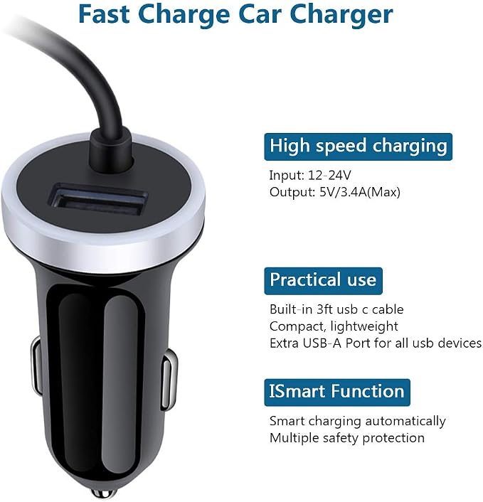 USB C Car Charger, 3.4A Fast Charging Car Adapter+3ft Type C Cable for Samsung Galaxy S26 S25 S24 S23 S22 S21 S20 S10 Note 20 A10E A20 A50 A51 A71,LG Stylo 6/5 G7 V60 ThinQ Moto G8 Google Pixel 4 3a