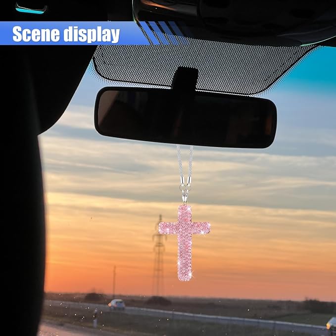 ZIMISI Bling Cross Car Hanging Ornament, Crystal Rhinestone Car Rearview Mirror Pendant for Women, Diamond Rear View Mirror Charm Present, Universal Vehicle Interior Decoration Accessory (Pink)
