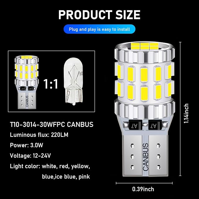 gunhunt Pack-2 Car Wide Lights, 3W Led Light Bulbs, Aluminum Reading Lights, License Plate Lights, Instrument Lights, Auto Bulb Replacements, Universal for Most Cars, Trucks, SUVs (White)