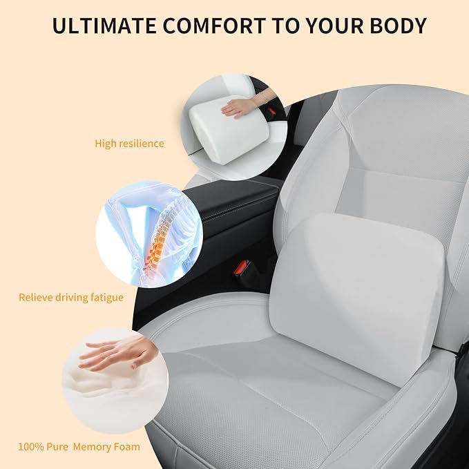 Memory Foam Lumbar Support Pillow for Tesla White 1pc | For model Y / 3 / S / X / Lower Back Support for Car Improved Posture Backrest Mid / Lower Back Support Cushion for Car Seat