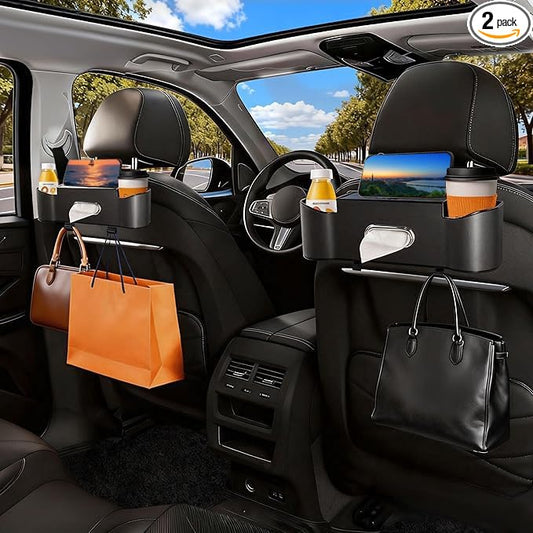 2Pack Car Backseat Organizer for Kids & Travelers - 4 in 1 Multifunctional Car Seat Back Storage with Cup Holder, Tissue Box, Snack/Handbag Holder - Nappa Leather Universal Fit for SUV/Van(Black)