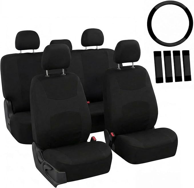 FH Group Full Set Cloth Car Seat Covers, Universal Fit Front and Split Bench Rear, Airbag Compatible, Washable for SUV, Sedan, Van - Black
