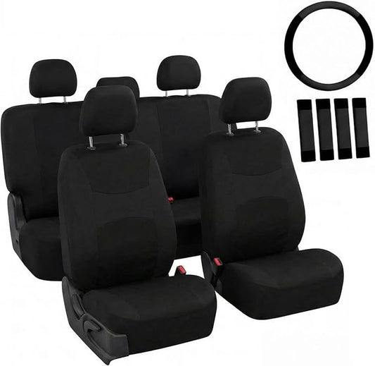 FH Group Full Set Cloth Car Seat Covers, Universal Fit Front and Split Bench Rear, Airbag Compatible, Washable for SUV, Sedan, Van - Black