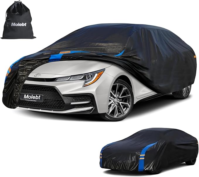 Car Cover Waterproof All Weather for Automobiles, Full Exterior Covers for Sedan & Coupe (179-185 inch) Universal Fit for Toyota Corolla, Nissan Sentra etc. Rain Winter Sun Snow Protection.