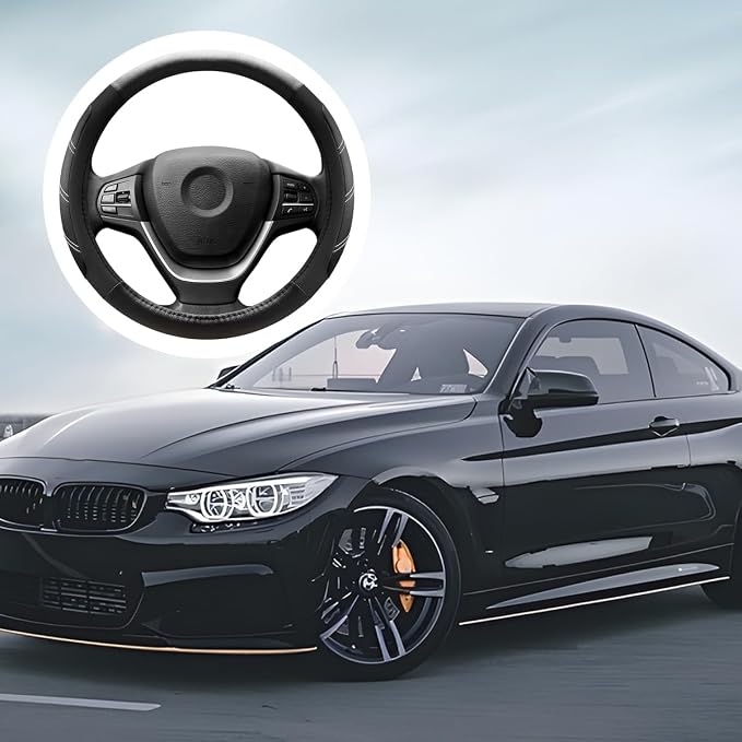 Zpana Car Steering Wheel Cover, 15 Inch Carbon Fiber Leather Non-Slip Steering Wheel Protector with Lining, Breathable Automotive Interior Accessories, Universal for SUV RV Truck (Black)