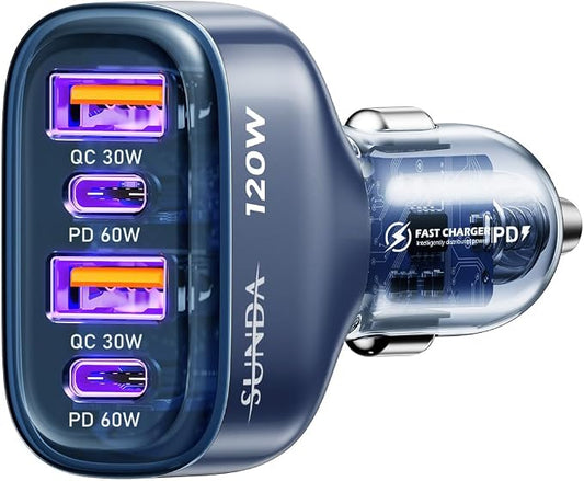 SUNDA 120W USB C Fast Car Charger, 4-Ports Car Charger Adapter, Dual Type C PD60W/PPS60W Compatible with iPhone15/14Pro/Max/iPhone13/Galaxy/SamsungS23, Dual USB-A 18W QC3.0 for Android(Blue)