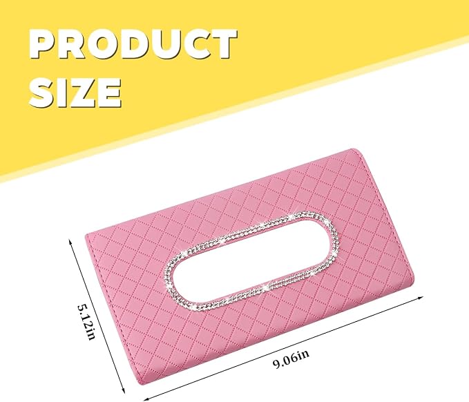Bling Car Visor Tissue Holder, Crystal Rhinestones Vehicle Sun Visor Hanging Napkin Organizer Case with Ergonomic Take Out Port, Automotive Interior Tissue Dispenser, Universal Fit (Pink)
