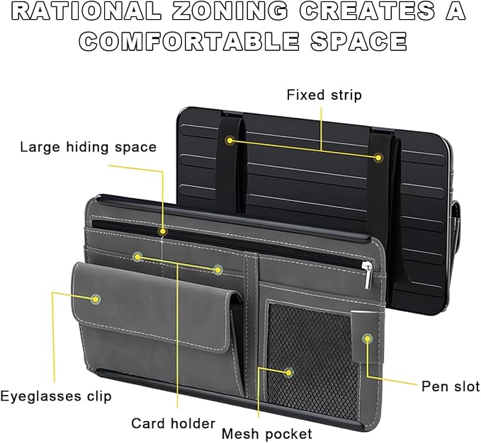 Car Sun Visor Organizer, Soft Leather Vehicle Sunshade Glasses Storage Bag with Net Zipper, Automotive Multi-Pocket Organizer for Drive License Card Glasses Document (Black)