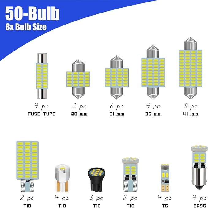 50-Pack LED Interior Light Kit Map Dome Bulb for Car Truck Vehicle | 12V White DE3175 6418 6411 T10 194 BA9S 64111 T5 74 6615F 28mm 31mm 36mm 41mm Vanity Mirror Footwell Cargo License Plate Bulb