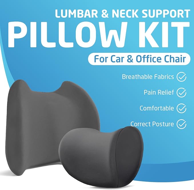 Lumbar & Neck Support Pillow Kit - Gray - Back & Neck Support Pillow for Car & Office Chair - Memory Foam Pillow - Ergonomic Pillow for Neck & Back Pain Relief