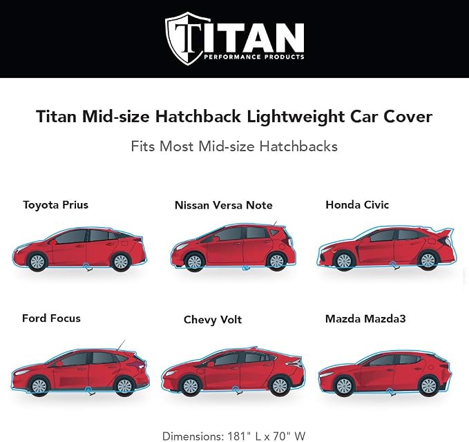 Titan Jet Black Poly 210T Car Cover for Hatchbacks 165-181". Waterproof, UV Protection, Scratch Resistant, Driver-Side Zippered Opening. Fits Prius, Focus, Civic and More.