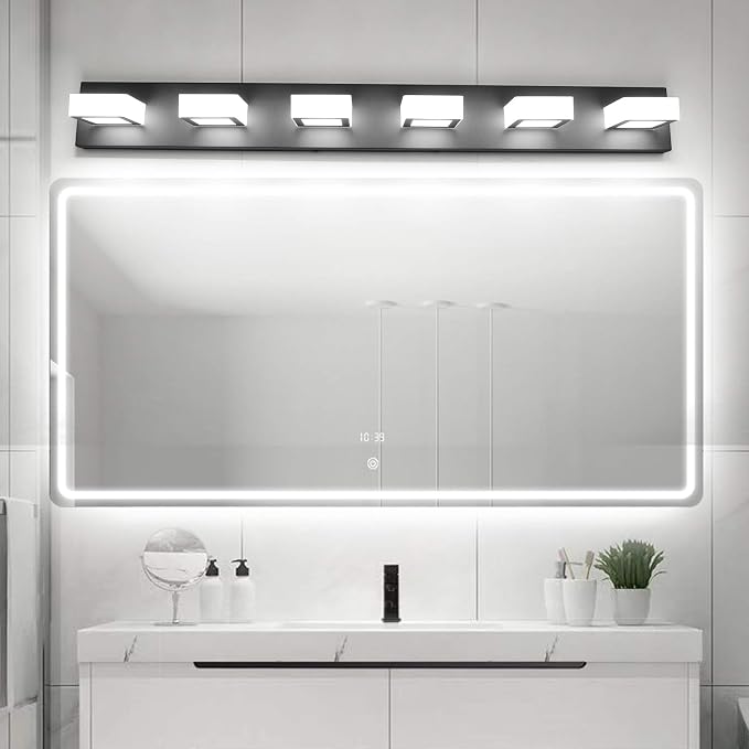 Ralbay Modern Black Vanity Lights Fixtures 6 Lights Acrylic Modern LED Matte Black Vanity Lights for Bathroom