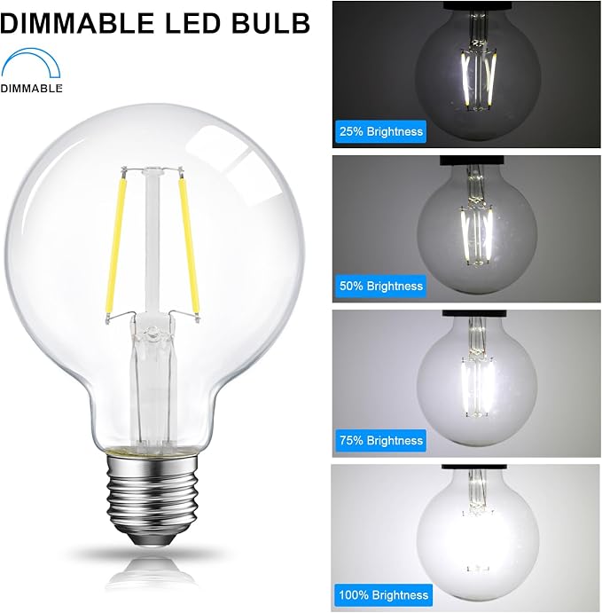 E ENERGETIC LIGHTING 5W Dimmable G25 LED Edison Light Bulb, G25 (G80) Globe Bulb, 60W Equivalent, 5000K Daylight, Christmas Light, E26 Standard Base, ETL Listed, 6-Pack