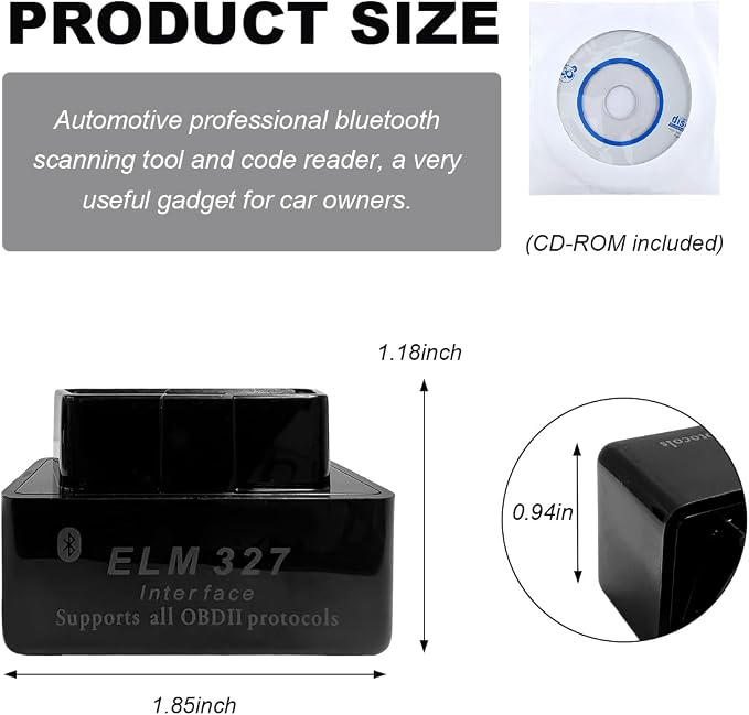 KVAEY OBDII Car Auto Diagnostic Scanner, ELM327 Automotive Bluetooth Scan Tool and Code Reader, Professional Car Bluetooth Engine Fault Code Reader, Universal Car Accessories (Black)