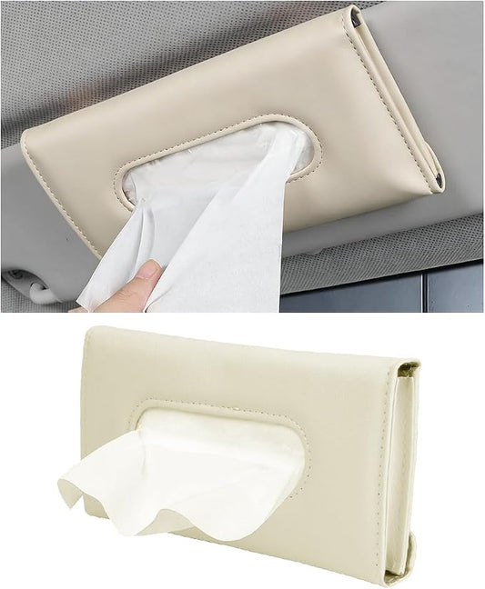 Car Visor Tissue Holder, Vehicle Sun Visor Backseat Napkin Case Mount with Tissues Refill, Automotive Interior Disposable Masks Holder, Universal for SUV Automobile Truck (Beige)