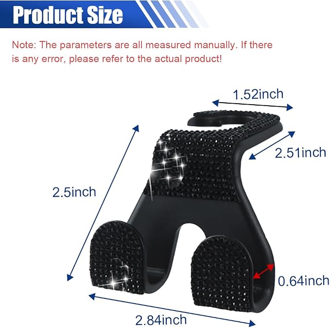 2PCS Car Seat Headrest Hooks, Shiny Crystal Hanger Holder, Backseat Hanger Storage Organizer, Bling Rhinestone Car Purse Hook, Car Accessories for Women Universal for SUV Truck Vehicle (Black)
