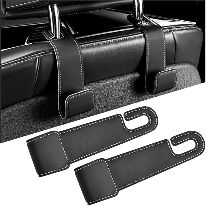 2PCS Car Seat Headrest Hook, Leather Vehicle Seatback Organizer Hanger for Hanging Purses Bags Coats, Auto Seat Back Storage Hook Accessories, Universal for SUV, Sedan, Truck (Black)