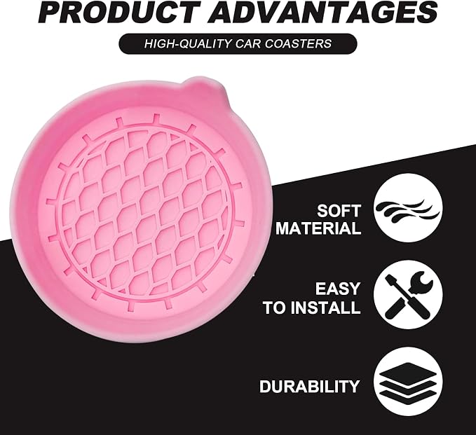4-Pack Universal Cup Holder Coasters, Black Silicone Inserts - Keep Your Car Clean with Non-Slip & Spill-Proof Coasters for All Vehicles (Pink)