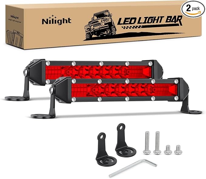 Nilight Slim LED Light Bar 2Pcs 7 Inch 16LED Single Row Spot Flood Combo Red Off Road Driving Fog Fishing Hunting Emergency Safety Signal Lighting for 12V 24V ATV UTV Pickup Truck Boat Forklift