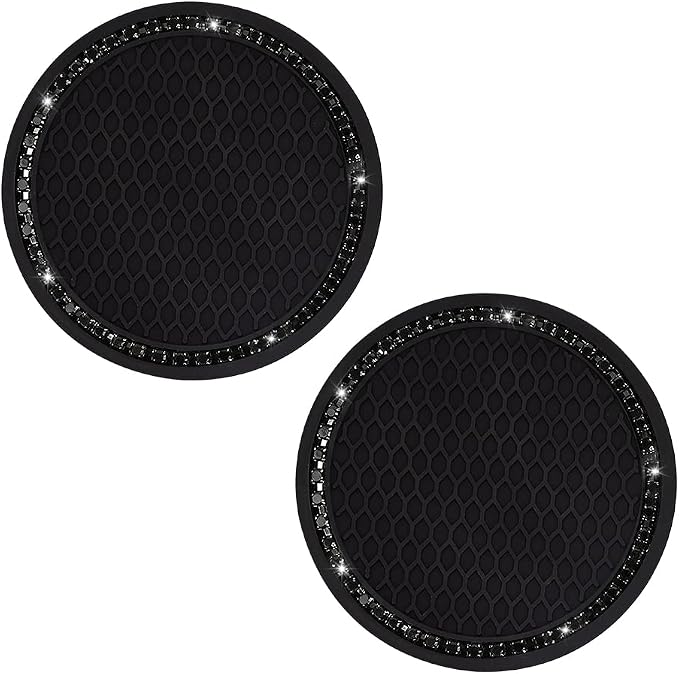 SUNCARACCL Car Cup Holder Coaster, 2 Pack Universal Bling Vehicle Insert (2.75" Diameter), Crystal Rhinestone Car Interior Accessories (Black with Black Diamond).