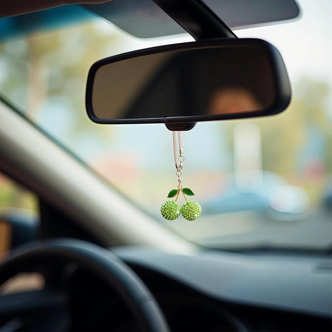 Bling Cherry Car Hanging Ornament, Cute Crystal Rear View Mirror Pendant, Sparkly Diamond Rearview Mirror Charms, Lucky Car Interior Decor Accessories (Green)