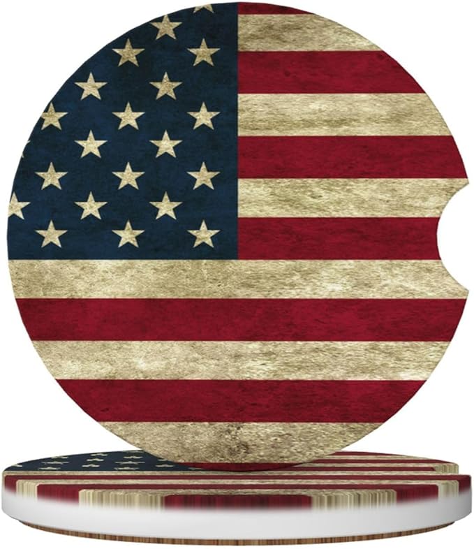 American Flag Car Coasters for Cup Holders,2 Pack Car Cup Holder Coasters for Car,Ceramic Absorbent Car Coaster with A Finger Notch and Cork Base,Car Interior Accessories for Women Men
