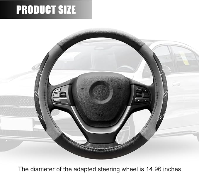 Zpana Car Steering Wheel Cover, 15 Inch Carbon Fiber Leather Non-Slip Steering Wheel Protector with Lining, Breathable Automotive Interior Accessories, Universal for SUV RV Truck (Gray)