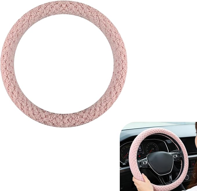 Fuzzy Warm Steering Wheel Cover for Winter, Soft Faux Lamb Fleece with Anti-Slip Inner Ring, 14.96" Inner Diameter Cozy Protective Driving Cover, Universal for Most Cars (Pink)