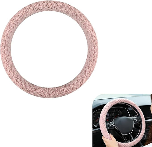 Fuzzy Warm Steering Wheel Cover for Winter, Soft Faux Lamb Fleece with Anti-Slip Inner Ring, 14.96" Inner Diameter Cozy Protective Driving Cover, Universal for Most Cars (Pink)