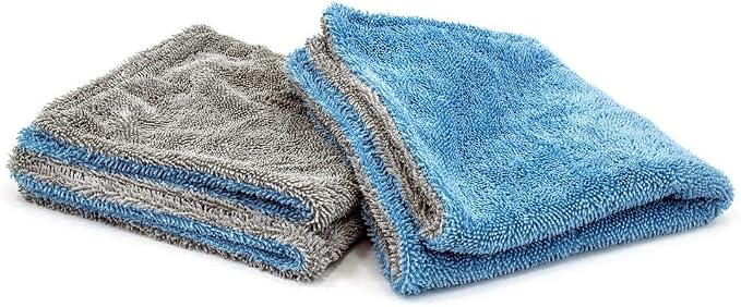Autofiber Dreadnought Jr. Microfiber Towel, Superior Absorbency for Drying Cars, Trucks, and SUVs, Double-Twist Pile, One-Pass Vehicle-Drying Towel - Pack of 2, Blue/Gray (16 inch x 16 inch)