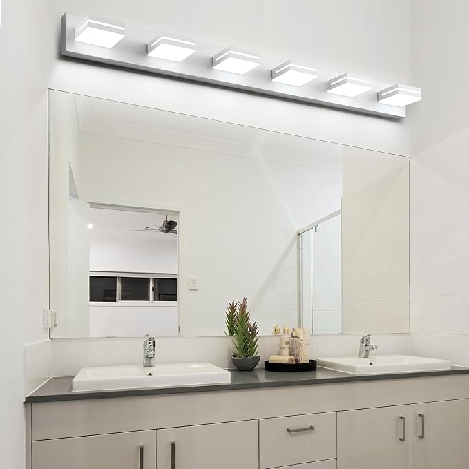 SineRise LED Modern Bathroom Vanity Light Fixtures (6-Light, 48-Inch, Dimmable), Matte White Modern Acrylic Bathroom Wall Lighting Fixtures Over Mirror (Cool White 6000K)