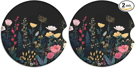 Car Cup Holder Ceramic Coasters 2 Pack, 2.56 in Anti Slip Absorbent Coaster with Cork Base and Finger Notch, Funny Cute Car Accessories Interior for Women, Wildflower