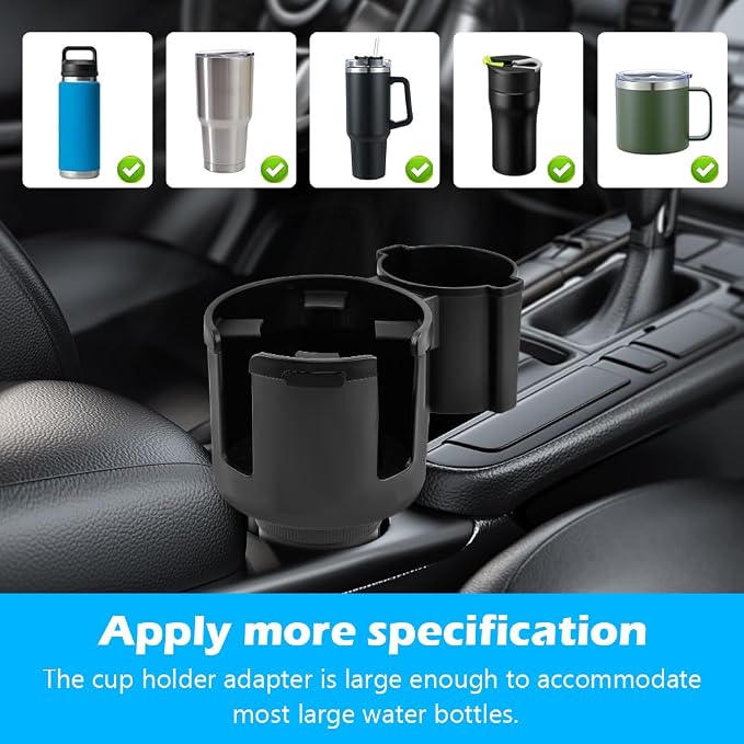 1 Pack Car Cup Holder Expander 2 in 1 Adapter with Expandable Base, Car-Seat Headrest Hook 4 Pack Hanger Storage Organizer fit Universal Vehicle Car Mugs in 2.2"-4.2" (10-48oz)