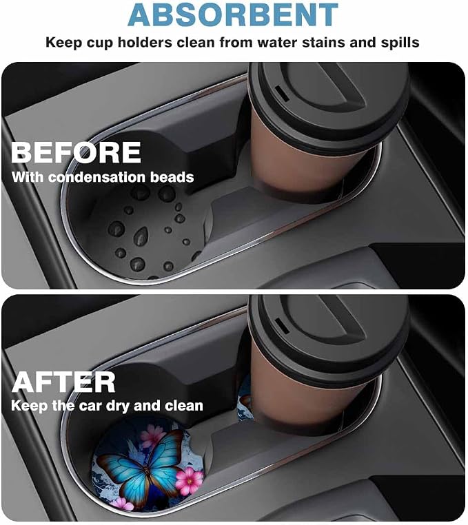 Beautiful Butterfly Car Cup Holder Coaster 2 Pack Absorbent Ceramic Car Coasters for Cup Holders Car Accessories Interior for Women Men Universal Anti Slip Cork Base Cup Coasters with Finger Notch