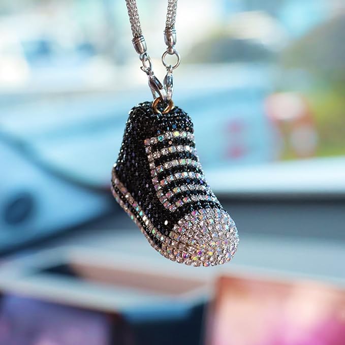 Bling Sneaker Shoe Sparkly Car Hanging Ornament, Cute Crystal Rear View Mirror Pendant, Diamond Rearview Mirror Charms, Lucky Car Interior Decor Accessories (Black)