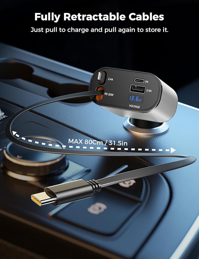 [Upgraded] SUPERONE Retractable Car Charger 4 in 1 Fast Car Phone Charger | USB C and Apple Multi Car Adapter with Cord 2.6ft, Compatible with iPhone 17 16 15/15 Pro Max/14/13/12/11, Galaxy, Pixel