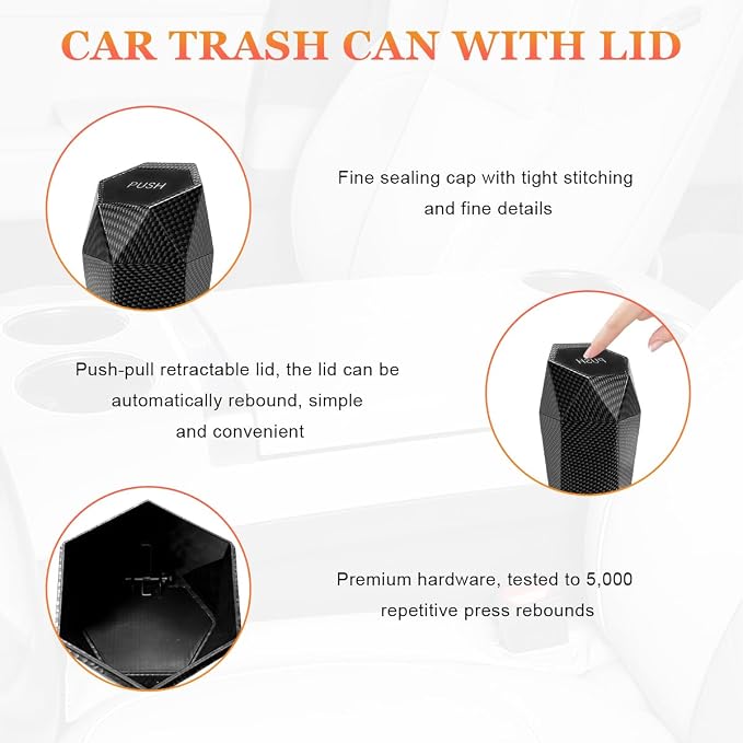 Car Trash Can with Lid, Diamond Design Leakproof Vehicle Cup Holder Garbage Can, Waterproof Trash Bin Mini Portable Garbage Organizer for Cars Homes Offices Bedrooms (Carbon Fiber)