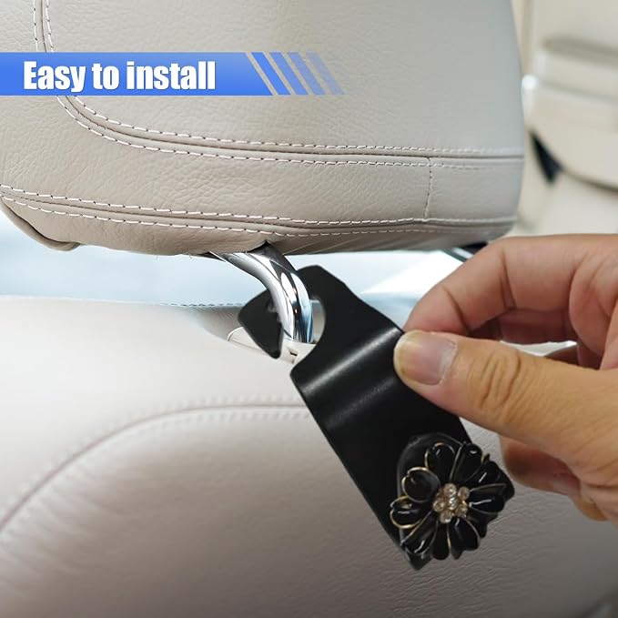 Craedli 2PCS Bling Car Seat Headrest Hook, Cute Rhinestone Flower Seat Back Storage Organizer Hanger Car Purse and Bag Hooks Holder, Universal Interior Accessories for Handbag Grocery Bag Coat (Black)