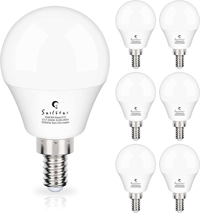 Candelabra LED Light Bulbs 60-Watt Equivalent, Daylight White 5000K, E12 Candelabra Base, 6 Watt A15 LED Bulbs for Ceiling Fan, Vanity Mirror Light | 6-Pack