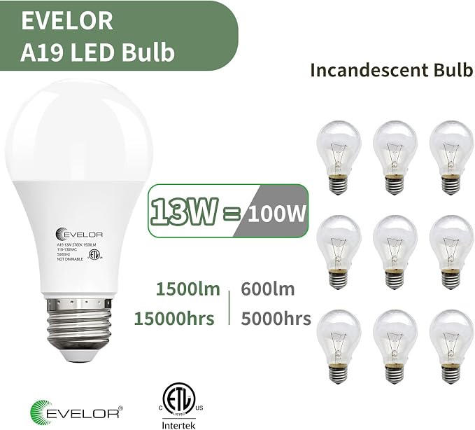 evelor 4-Packs A19 LED Light Bulbs,100 Watt Equivalent 2700K Soft White Bright Bulbs Efficient 13W,1500 Lumens E26 Base, Non-Dimmable, 15000-Hour Lifespan for Bedroom, Living Room, Office