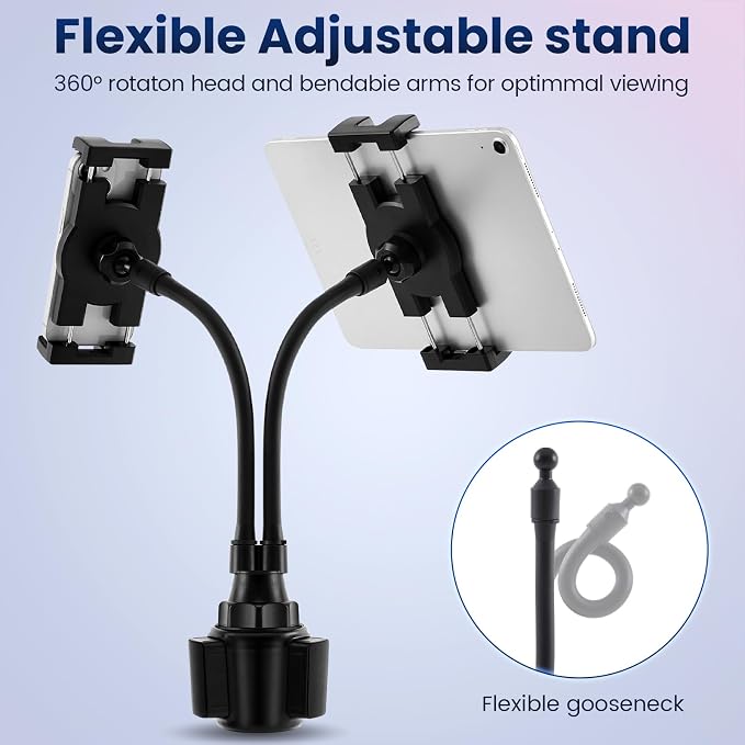 DaisyInner Dual Cup Tablet Mount Holder for Car 360° Rotatable Mount Long Flexible Neck Adjustable Universal Size Fits for Most 2 Tablets 4.7"-10"