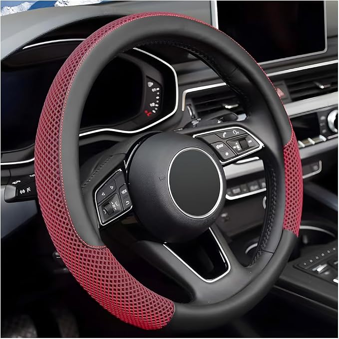 Car Steering Wheel Cover, 14.5-15" Microfiber Leather Ice Silk Breathable Non-Slip Steering Wheel Protector, Cool Auto Interior Decor Accessories, Universal for Truck SUV Van (Red)