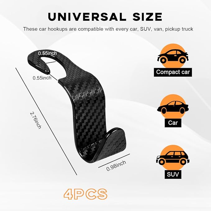 povtii 4PCS Car Seat Headrest Hook, Auto Back Seat Hanging Storage Organizer, Vehicle Seatback Hanger Holder for Purse Handbag Coat Umbrella, Universal Interior Car Accessories (Carbon Fibre Black)