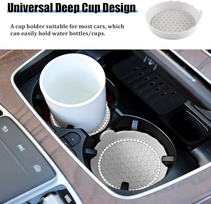 HZEL 4PCS Bling Car Cup Holder Coaster, Shiny Crystal Rhinestone Silicone Dustproof Drink Cup Insert Pad, Dazzling Automotive Interior Water Bottle Holder Embedded Mat, Universal Fit (Gray)