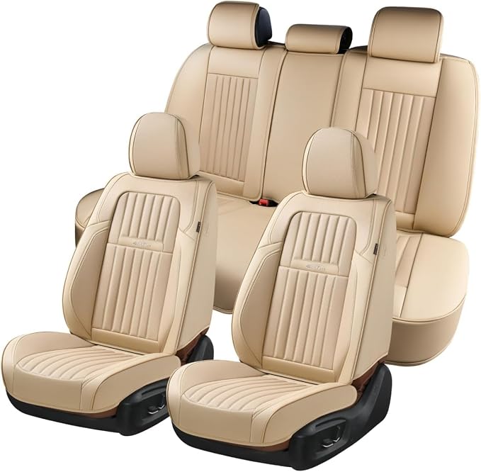 Coverado Front and Back Seat Covers for Cars, Automotive Seat Covers for Trucks, Nappa Leather Car Seat Covers, 5 Seats Waterproof Carseat Protector Car Seat Cover Beige, Universal Fit for Most Cars