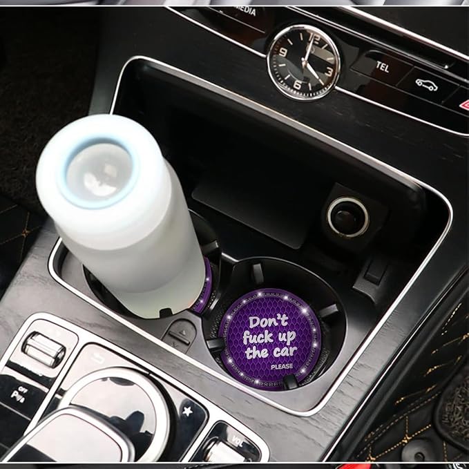 2 Pack Bling Car Coasters for Cup Holder, Crystal Rhinestone 2.75 in Cup Holder Coaster, Silicone Anti-Slip Insert Cup Mats for Women, Interior Accessories Universal for Most Cars (Purple)