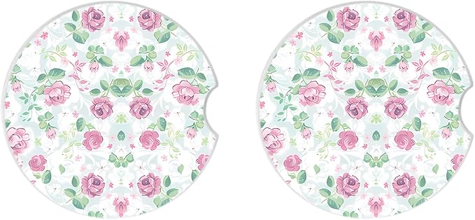 Car Coasters for Drinks Absorbent,2 Pack Cup Holders,2.56" Ceramic Stone & Non-Scratch Cork Base Coasters,Auto Accessories for Women & Men(Pink Flowers).