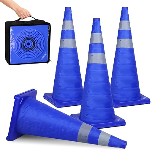 BATTIFE [4 Pack] 28 Inch Collapsible Traffic Safety Cones, Multi Purpose Pop-up Cones and Reflective Collar, for Road Parking, Driving Practice (Blue)